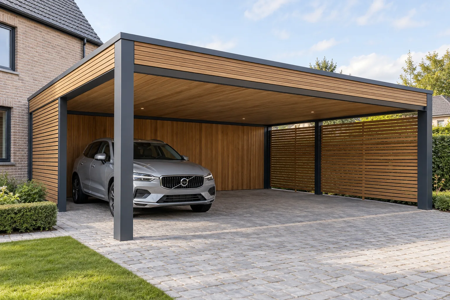 Carport métallique installé devant une maison moderne