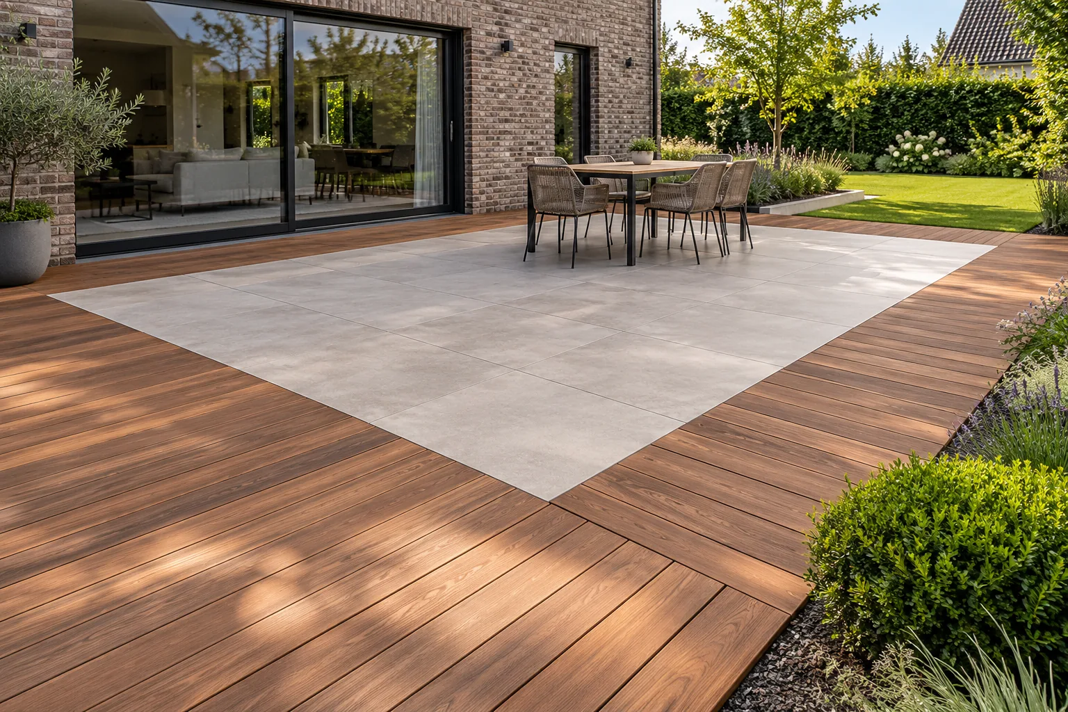 Terrasse bois avec dallage céramique intégré